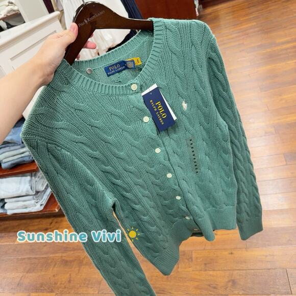 NEW Ralph Lauren Polo Women's Cotton Cable Knit Cardigan Sweater Green Medium - Picture 1 of 7